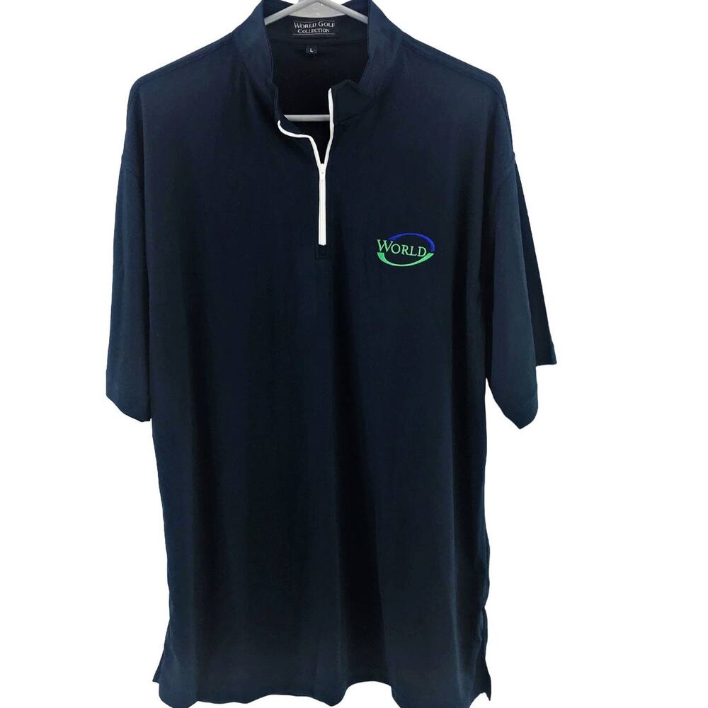 World Golf Polo 1/4 Zip Navy White Moisture Wick Quick Dry Breathable